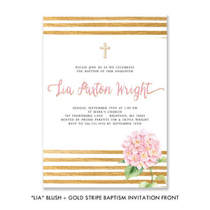 "Lia" Blush + Gold Stripe Baptism Invitation
