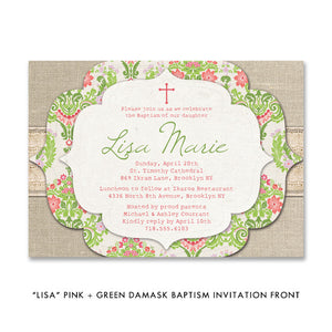 "Lisa" Pink + Green Damask Baptism Invitation