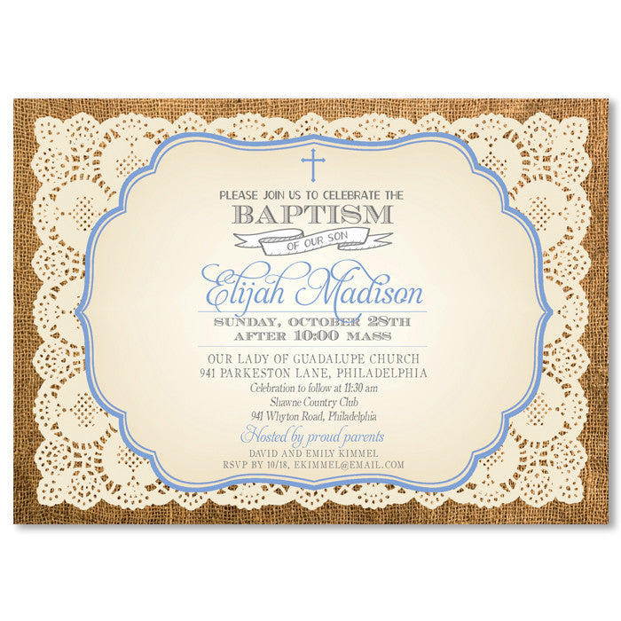 "Madison" Burlap + Blue Baptism Invitation
