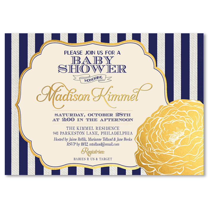 "Madison" Navy Stripe + Gold Rose Baby Shower Invitation