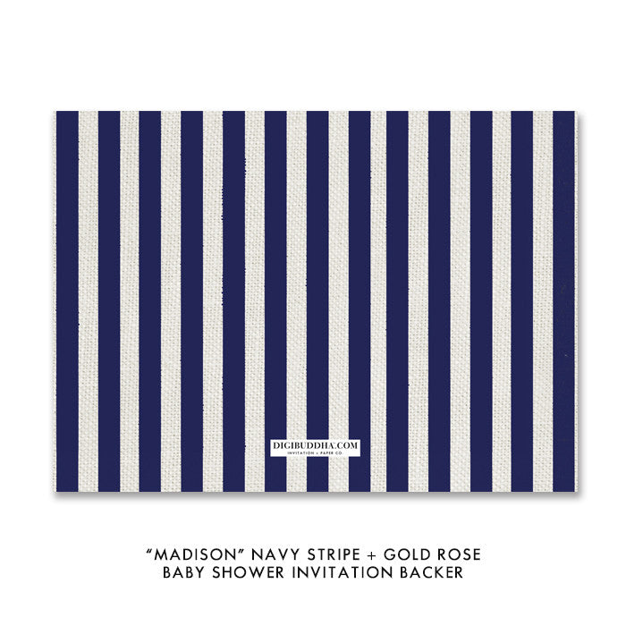 "Madison" Navy Stripe + Gold Rose Baby Shower Invitation