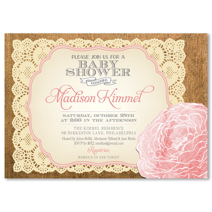 "Madison" Burlap + Blush Rose Baby Shower Invitation