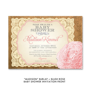 "Madison" Burlap + Blush Rose Baby Shower Invitation