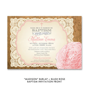 "Madison" Burlap + Blush Rose Baptism Invitation