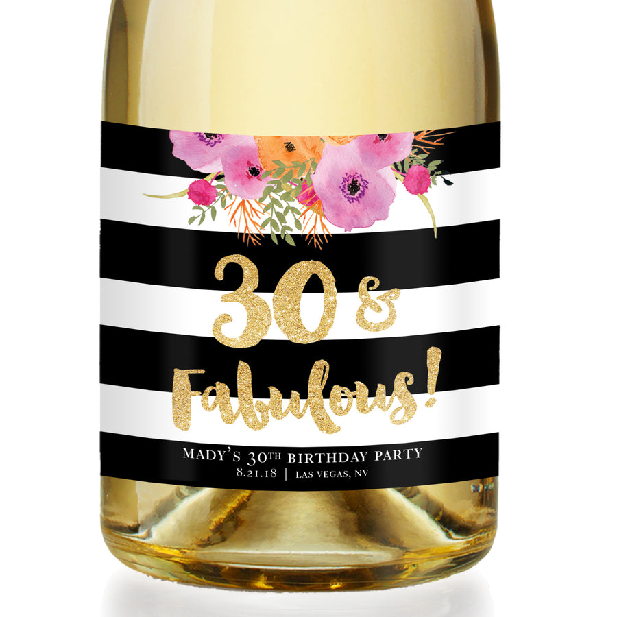 "Mady" Floral + Black Stripe 30th Birthday Champagne Labels