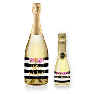 "Mady" Floral + Black Stripe 30th Birthday Champagne Labels