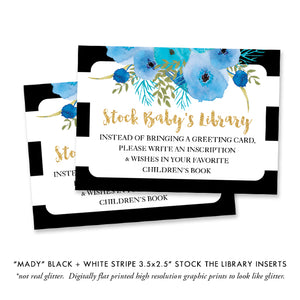 "Mady" Black + White Stripe Blue Flowers Baby Shower Invitation