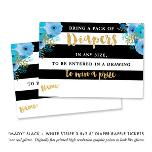 "Mady" Black + White Stripe Blue Flowers Baby Sprinkle Invitation