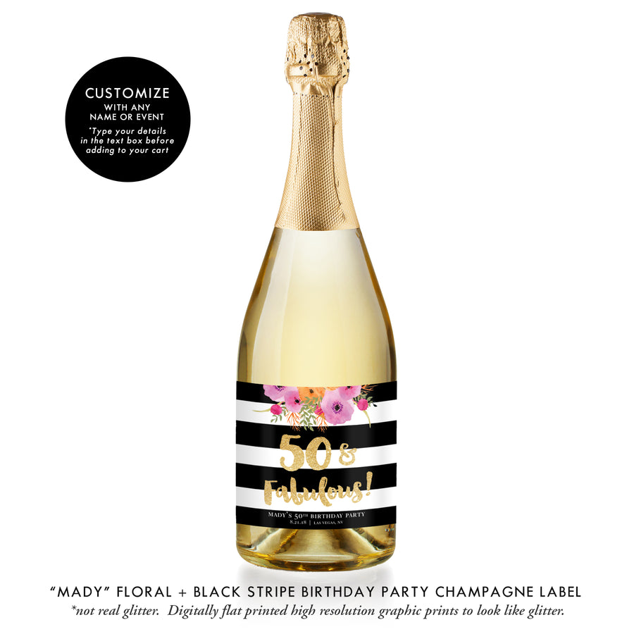 "Mady" Floral + Black Stripe 50th Birthday Champagne Labels