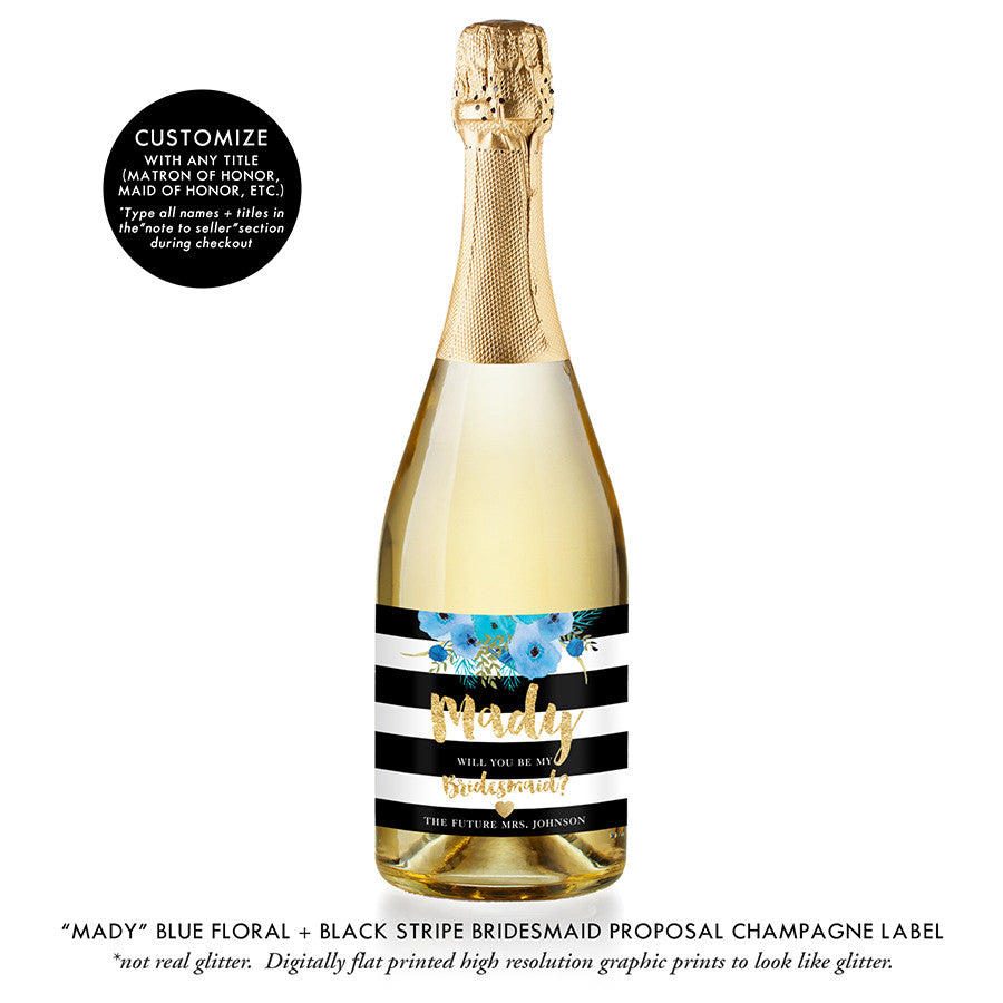 "Mady" Blue Floral + Black Stripe Bridesmaid Proposal Champagne Labels
