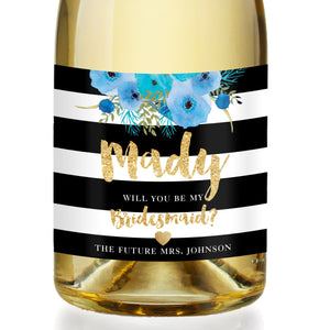 "Mady" Blue Floral + Black Stripe Bridesmaid Proposal Champagne Labels