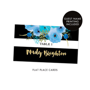 Black + White Striped Place Cards with Blue Flowers | Mady