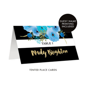 Black + White Striped Place Cards with Blue Flowers | Mady