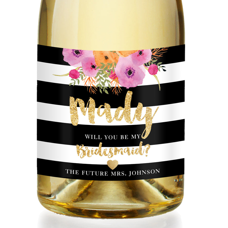 "Mady" Floral + Black Stripe Bridesmaid Proposal Champagne Labels