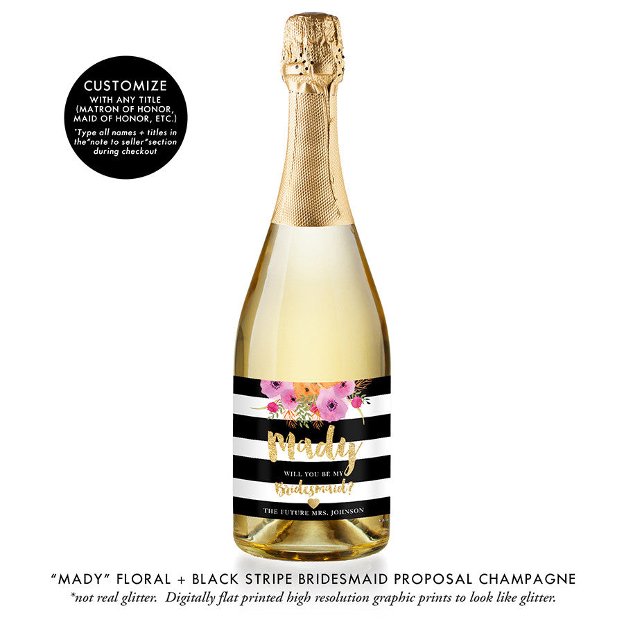 "Mady" Floral + Black Stripe Bridesmaid Proposal Champagne Labels