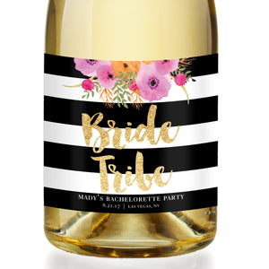 "Mady" Floral + Black Stripe Bachelorette Party Champagne Labels