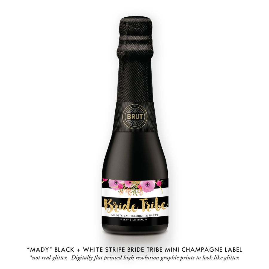 "Mady" Floral + Black Stripe Bachelorette Party Champagne Labels