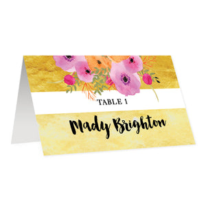 Gold Striped Place Cards with Pink Flowers | Mady