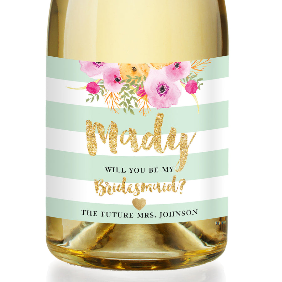 "Mady" Floral + Mint Stripe Bridesmaid Proposal Champagne Labels