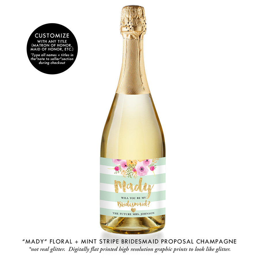 "Mady" Floral + Mint Stripe Bridesmaid Proposal Champagne Labels