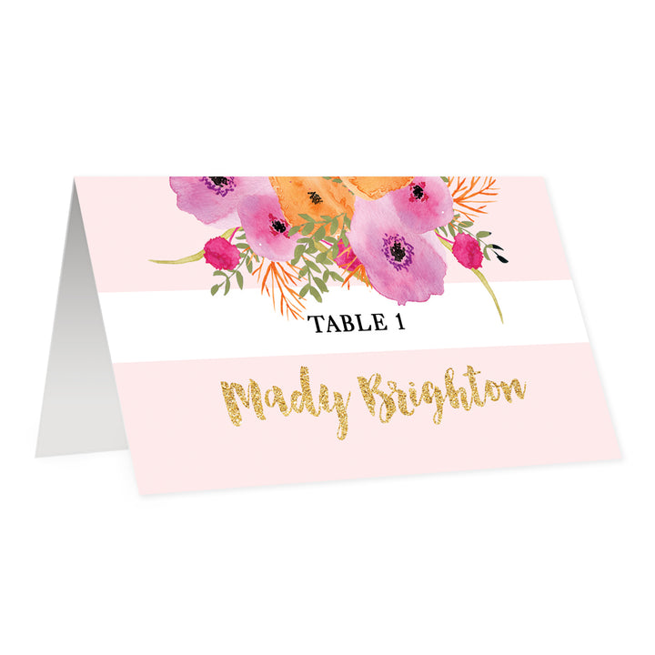 Pink + White Striped Place Cards with Pink Flowers | Mady