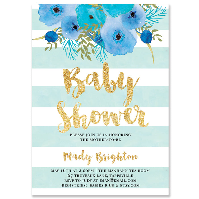 "Mady" Blue + White Stripe Blue Flowers Baby Shower Invitation