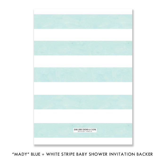 "Mady" Blue + White Stripe Blue Flowers Baby Shower Invitation