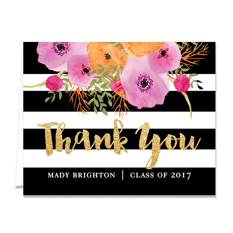 "Mady" Black + White Stripe Graduation Thank You Card