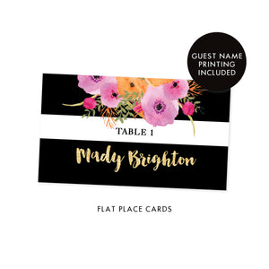 Black + White Striped Place Cards with Pink Flowers | Mady