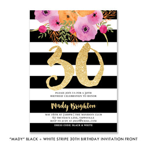 "Mady" Black + White Stripe 30th Birthday Party Invitation