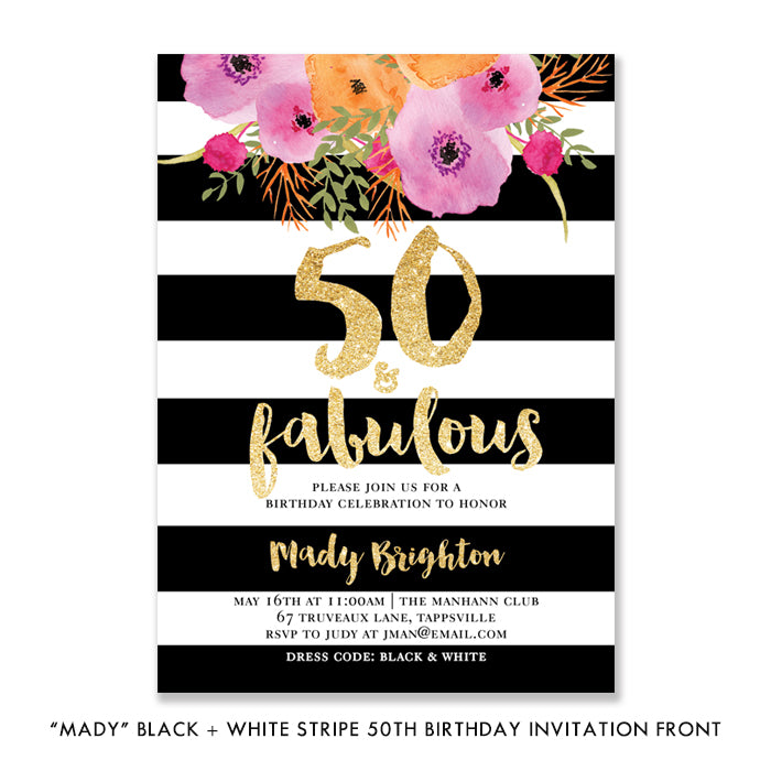 "Mady" Black + White Stripe 50th Birthday Party Invitation