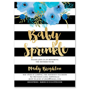 "Mady" Black + White Stripe Blue Flowers Baby Sprinkle Invitation