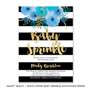 "Mady" Black + White Stripe Blue Flowers Baby Sprinkle Invitation