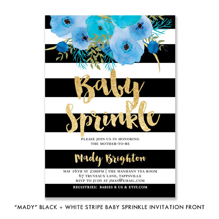 "Mady" Black + White Stripe Blue Flowers Baby Sprinkle Invitation