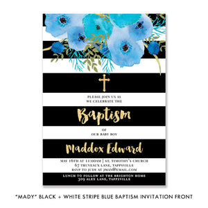 "Mady" Black + White Stripe Blue Baptism Invitation