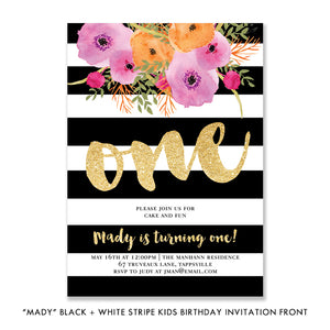 "Mady" Black + White Stripe Kids Birthday Party Invitation