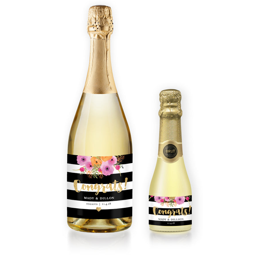 "Mady" Floral + Black Stripe Engagement Champagne Labels