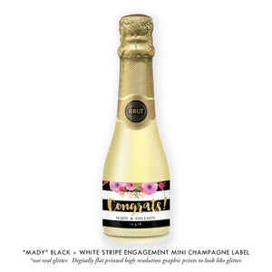 "Mady" Floral + Black Stripe Engagement Champagne Labels