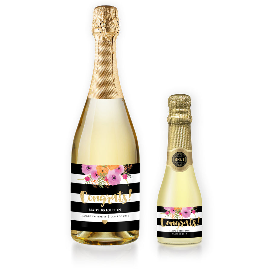 "Mady" Floral + Black Stripe Graduation Champagne Labels