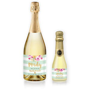 "Mady" Floral + Mint Stripe Bridesmaid Proposal Champagne Labels