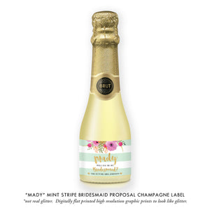 "Mady" Floral + Mint Stripe Bridesmaid Proposal Champagne Labels