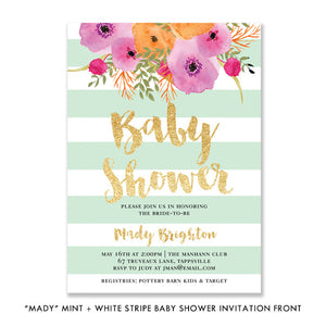 "Mady" Mint + White Stripe Baby Shower Invitation