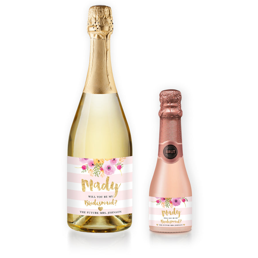 "Mady" Floral + Pink Stripe Bridesmaid Proposal Champagne Labels