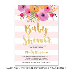 "Mady" Pink + White Stripe Baby Shower Invitation