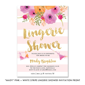 "Mady" Pink + White Stripe Lingerie Shower Invitation