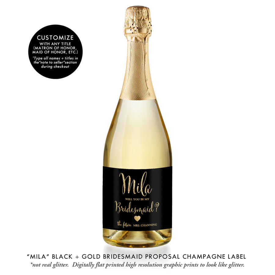 "Mila" Black + Gold Bridesmaid Proposal Champagne Labels