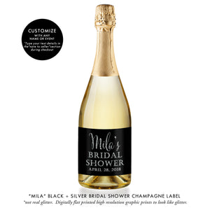 "Mila" Black + Silver Bridal Shower Champagne Labels