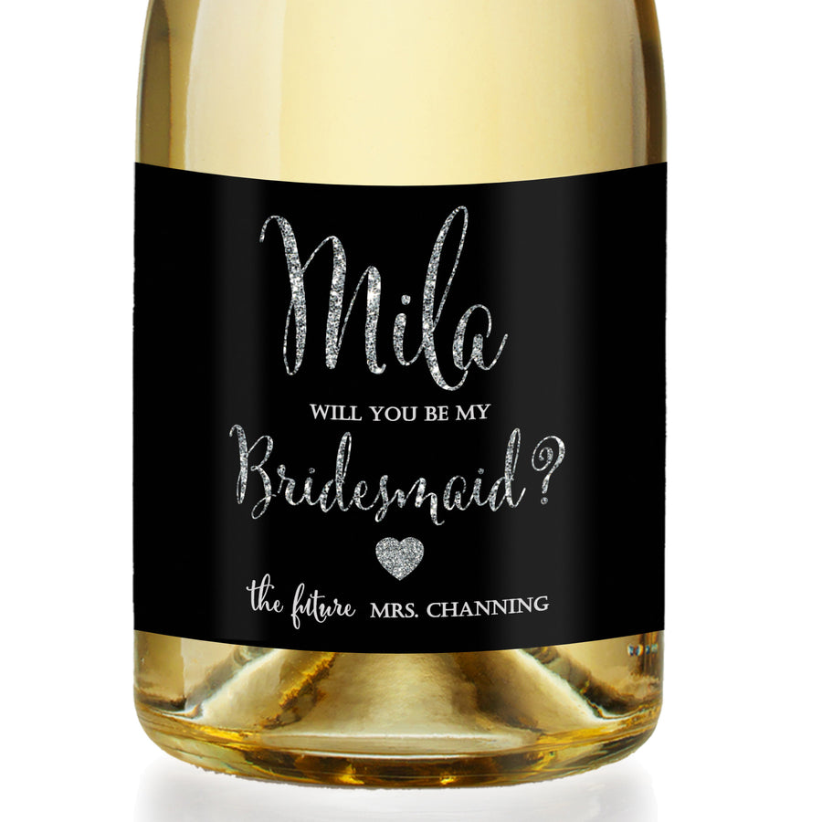 "Mila" Black + Silver Bridesmaid Proposal Champagne Labels