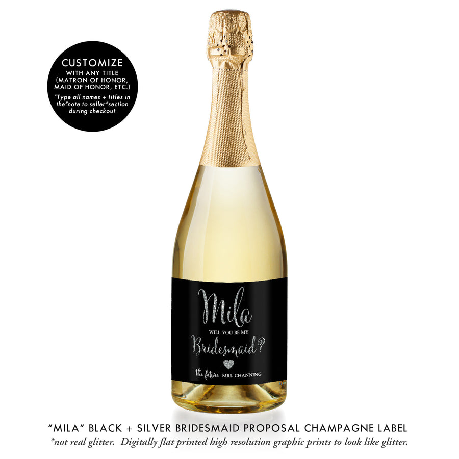 "Mila" Black + Silver Bridesmaid Proposal Champagne Labels