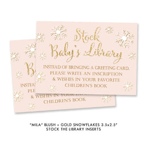 "Mila" Blush + Gold Glitter Snowflakes Baby Shower Invitation